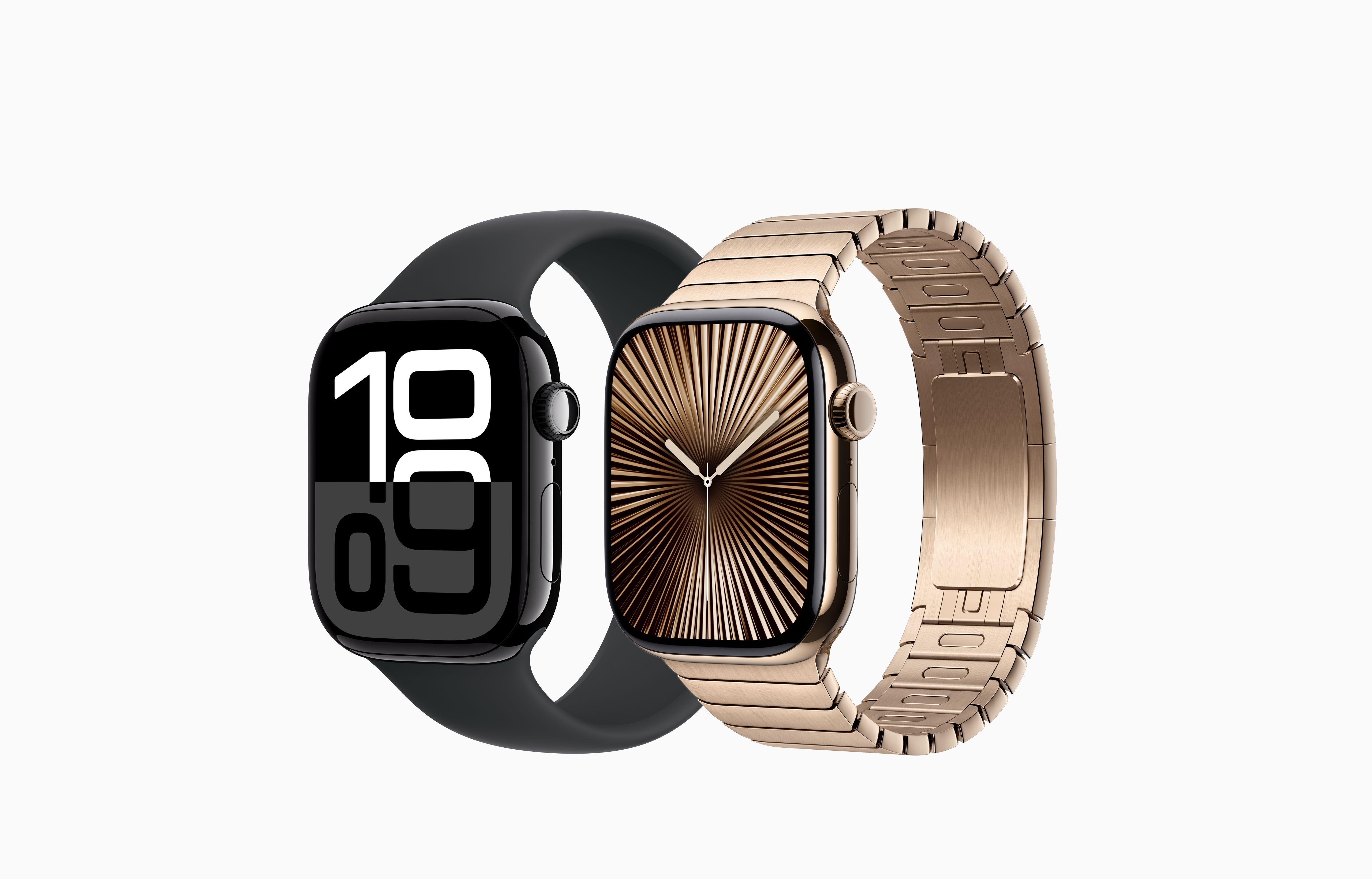 Deux modèles d’Apple Watch Series 10, boîtier en aluminium noir de jais avec bracelet Boucle unique noir, boîtier en titane or avec Bracelet à maillons or