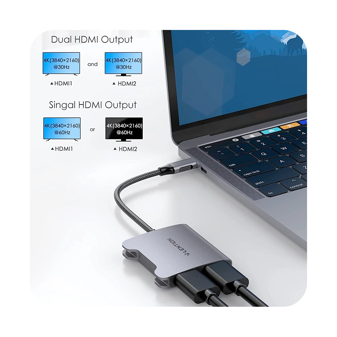 Lention USB-C to 2-Port HDMI Hub with Power Delivery CF53-2