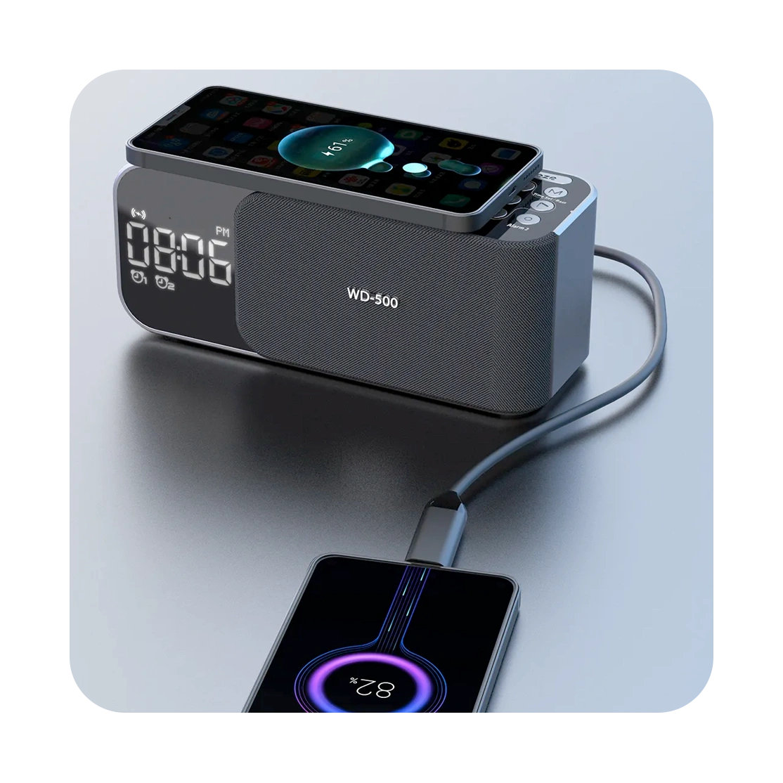 Shaba 4 in 1 Qi Wireless Charger with BT Speakers Time clock WD-500-7